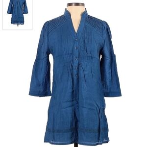 Edge Blue Tunic Top Woman's Small S Cottage Long Sleeve V-Neck Pleated Lace EUC